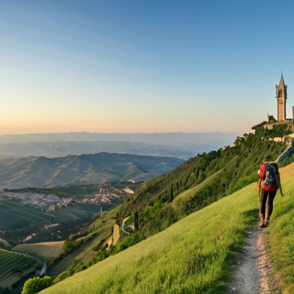 **
A panoramic view from a mountaintop hiking trail in San Marino. The sun is rising, illuminating rolling green hills and picturesque villages below. A lone hiker stands taking photos with a camera. In the distance, the three towers of San Marino are visible.
**