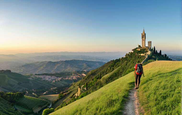 **
A panoramic view from a mountaintop hiking trail in San Marino. The sun is rising, illuminating rolling green hills and picturesque villages below. A lone hiker stands taking photos with a camera. In the distance, the three towers of San Marino are visible.
**