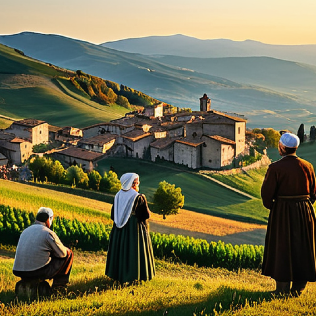 Historical Roots**
"A group of traditionally dressed artisans and farmers gathered on a hilltop overlooking a medieval village in the Apennines, fully clothed, appropriate attire, safe for work, perfect anatomy, natural proportions, golden hour lighting, warm colors, professional illustration, modest scene, family-friendly."
**