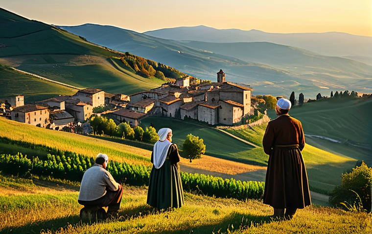 Historical Roots**
"A group of traditionally dressed artisans and farmers gathered on a hilltop overlooking a medieval village in the Apennines, fully clothed, appropriate attire, safe for work, perfect anatomy, natural proportions, golden hour lighting, warm colors, professional illustration, modest scene, family-friendly."
**