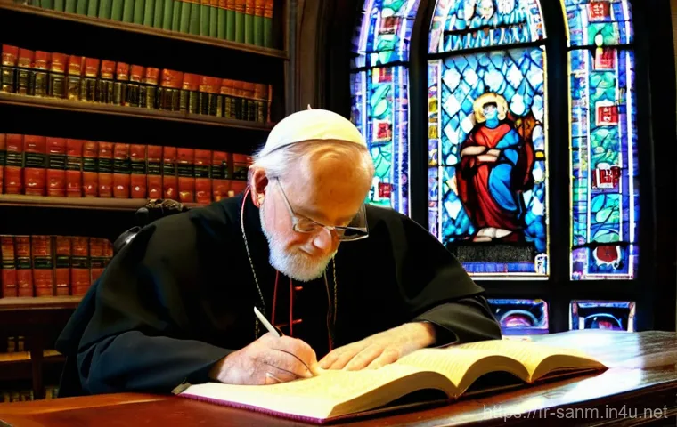 산마리노의 법률 시스템과 바티칸 비교 - Vatican City: The Illuminated Path of Canon Law**
**Prompt:** A serene, elderly cleric, with a kind...