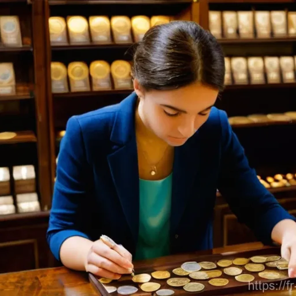산마리노 화폐 및 유로 사용 여부 - **Prompt:** A discerning numismatist, a young woman in her late teens or early twenties, dressed in ...