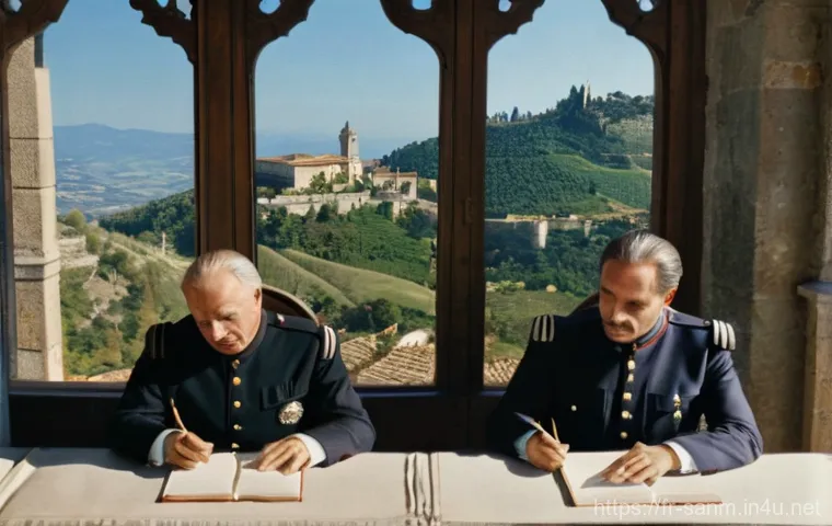 산마리노 이탈리아 통일 과정 - **Prompt:** "A panoramic view of the ancient Republic of San Marino during the 19th-century Risorgim...