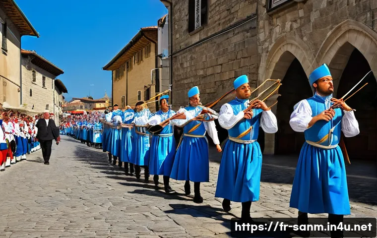 산마리노에서의 명절 및 공휴일 문화 - **Prompt:** A vibrant and historically accurate depiction of San Marino's Foundation Day parade. The...