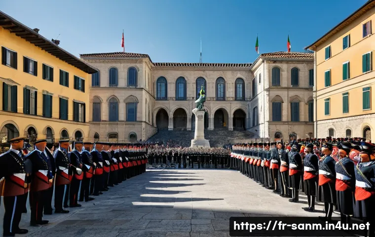산마리노에서 유명한 정치가 및 리더 - ) Photorealistic wide-angle scene of the Investiture ceremony in Piazza della Libert&agrave;, San Marino &mdash; ...
