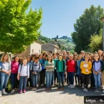 Home 21 산마리노에서의 기후 변화 및 환경 문제 - A vibrant outdoor educational workshop in a small European town resembling San Marino, featuring div...