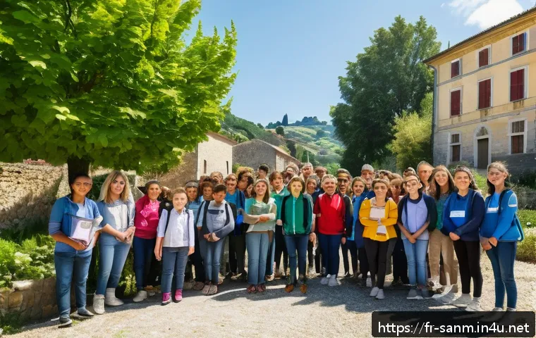 산마리노에서의 기후 변화 및 환경 문제 - A vibrant outdoor educational workshop in a small European town resembling San Marino, featuring div...