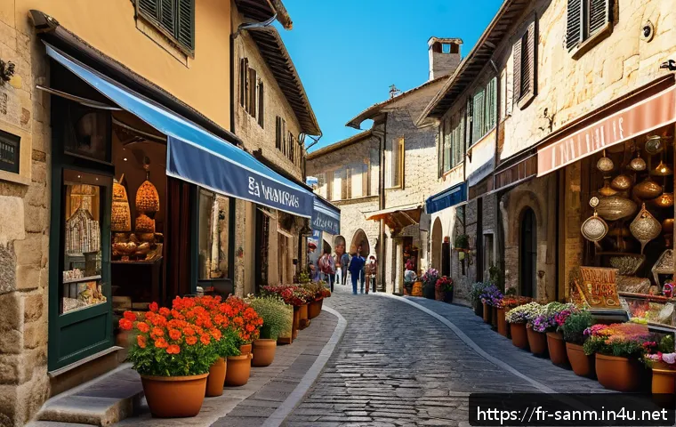 산마리노에서의 쇼핑 정보 - A charming historic street in San Marino lined with quaint artisan shops displaying colorful handmad...