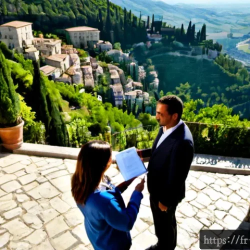 산마리노에서의 부동산 시장 - Photorealistic wide-angle view of San Marino’s historic hillside real estate market, elegant stone t...