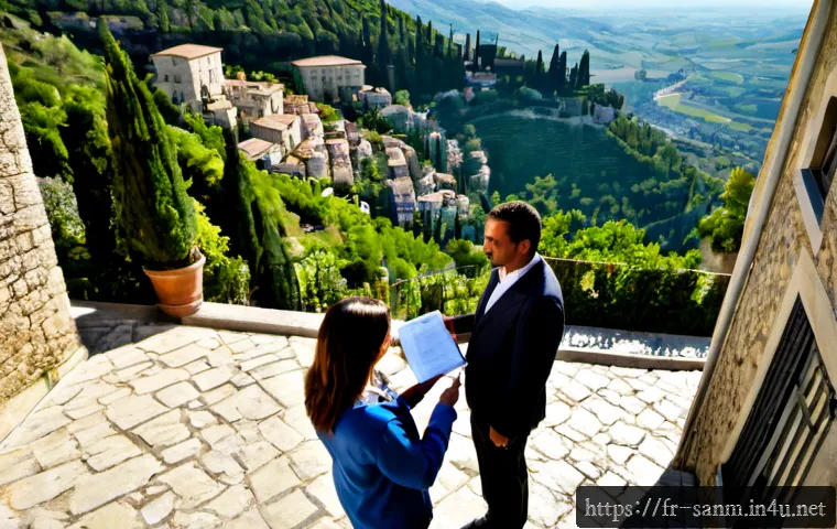 산마리노에서의 부동산 시장 - Photorealistic wide-angle view of San Marino’s historic hillside real estate market, elegant stone t...